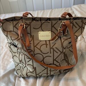 Calvin Klein Brown and Tan Tote Bag with Lock Keychain